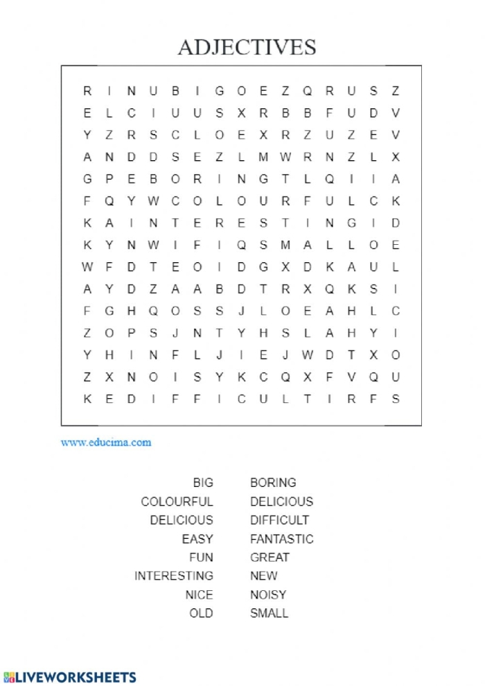 Second grade adjective word search phonics worksheet featuring descriptive vocabulary