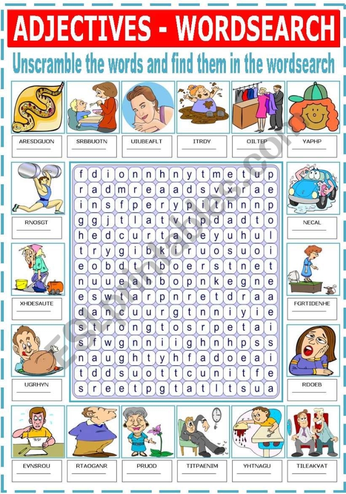 Second grade adjectives word search worksheet featuring a list of descriptive words for students to find