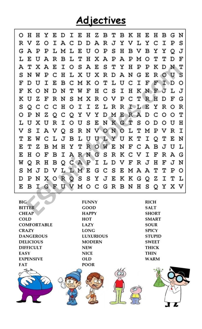 Second grade phonics worksheet featuring an adjectives word search puzzle for vocabulary building