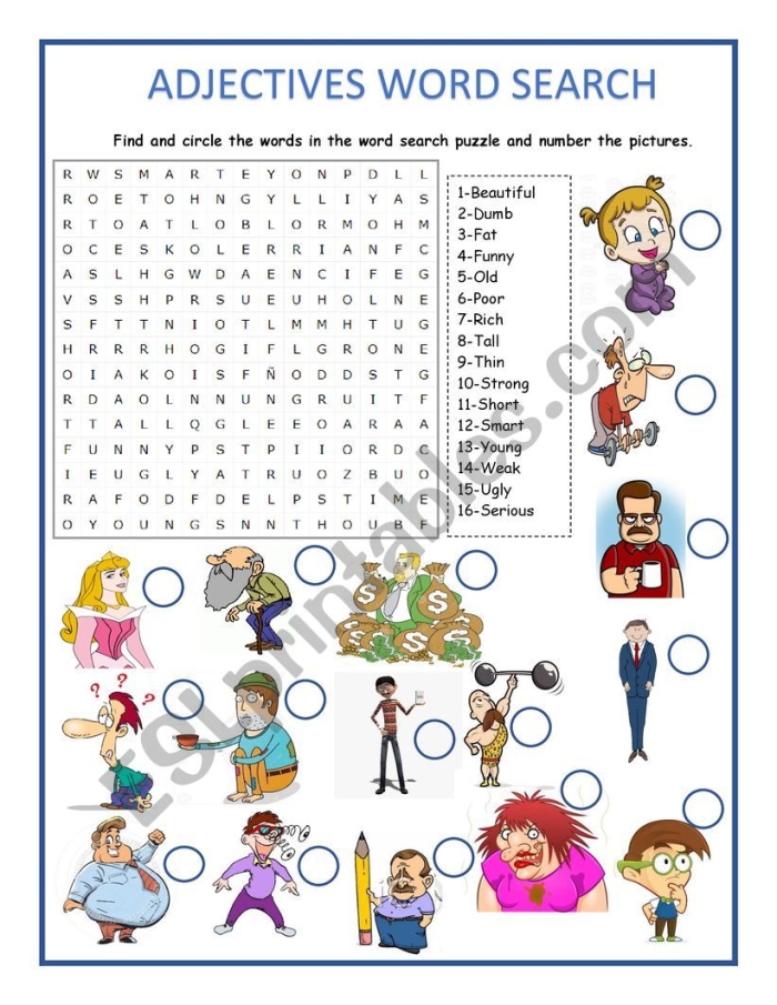 Second grade phonics printable featuring an adjectives word search puzzle for vocabulary practice