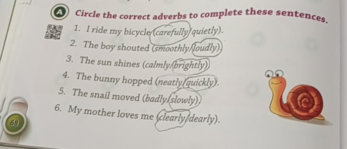 Second grade science worksheet for students to practice identifying and circling adverbs in sentences