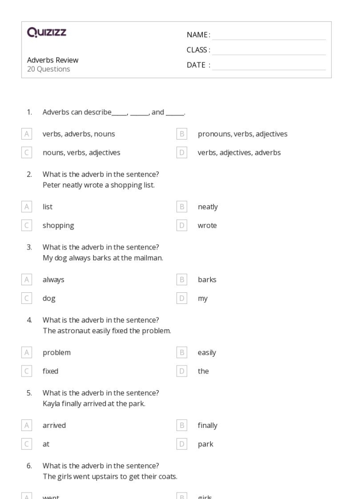 Worksheet for second graders focusing on identifying and using adverbs in sentences. Practice sheet titled "What Are Adverbs?" for geometry-related language skills.