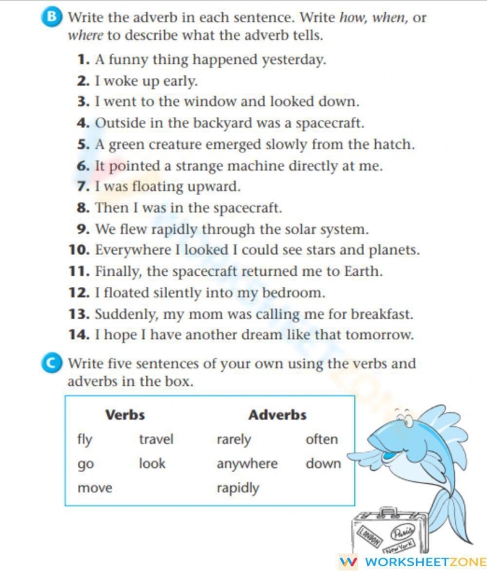 Worksheet for second graders focusing on identifying and using adverbs in sentences