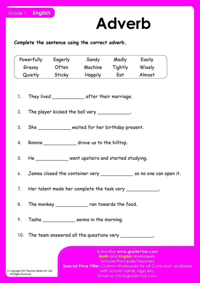 Worksheet for second graders focused on identifying and using adverbs in sentences. Engaging practice sheet titled "What Are Adverbs?" for enhancing language skills.