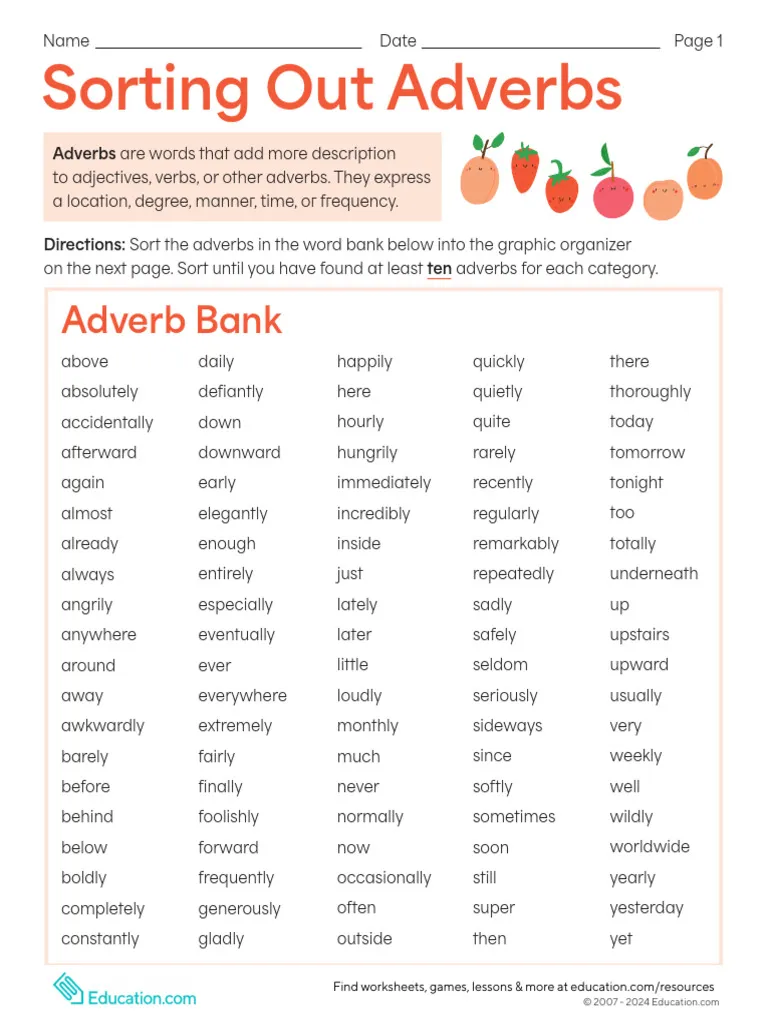 Engaging hands-on grammar activity for sorting adverbs in geometry context Worksheet for sorting adverbs by location, degree, manner, time, and frequency for second graders
