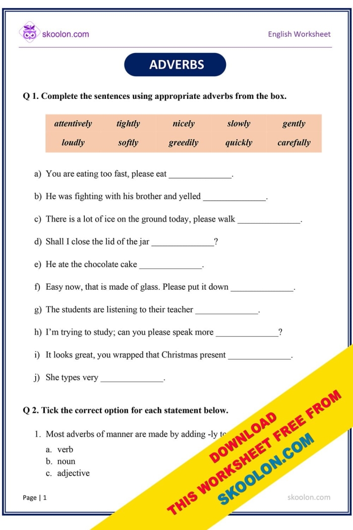 Worksheet for second graders focusing on identifying and using adverbs in sentences. Practice sheet on adverbs for second grade students.