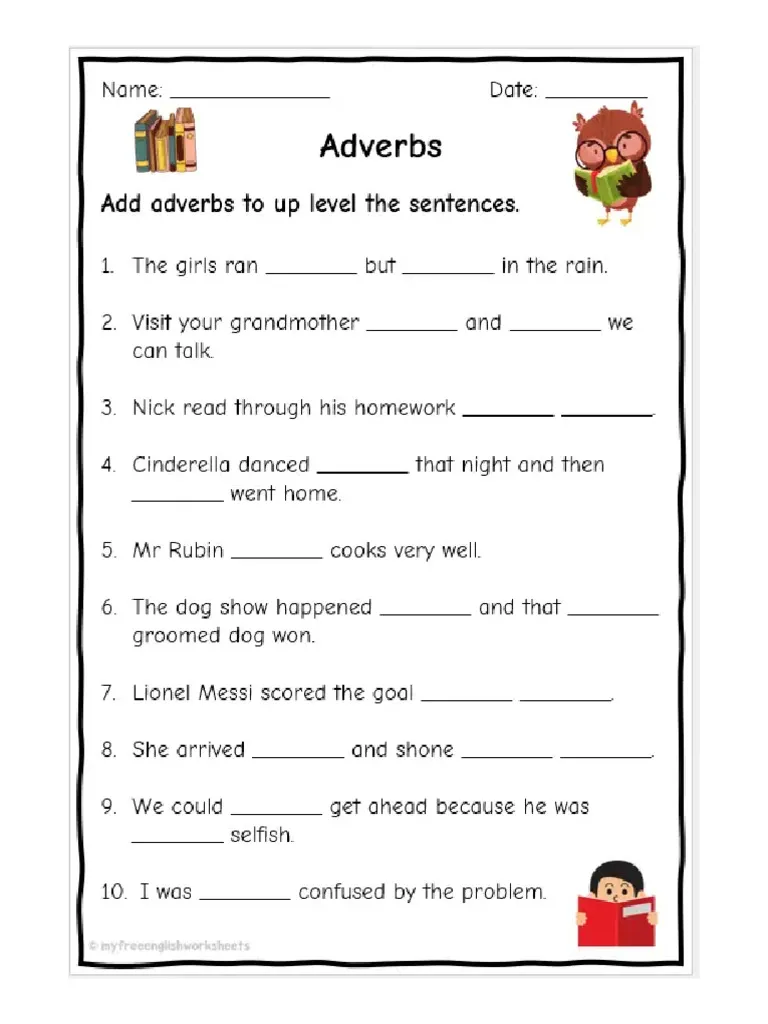 Worksheet for second graders focusing on identifying and using adverbs in sentences