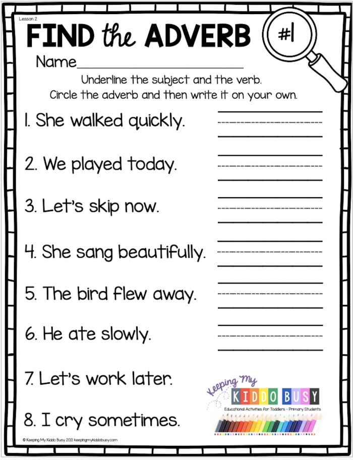 Worksheet for second graders focusing on identifying and using adverbs in sentences