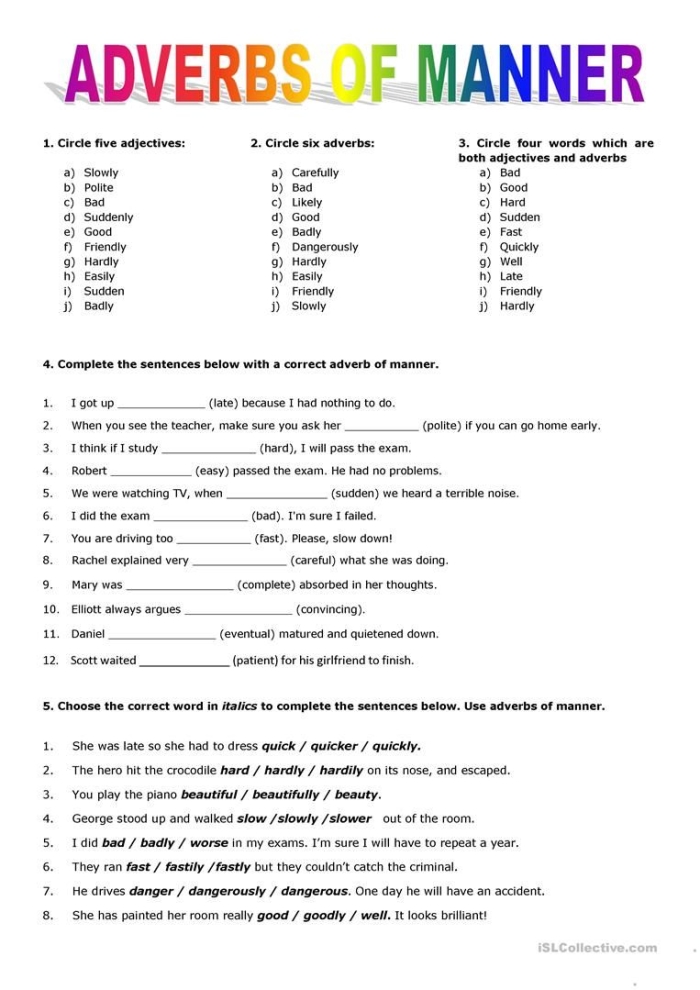 Worksheet featuring exercises on identifying and using adverbs in sentences for second graders