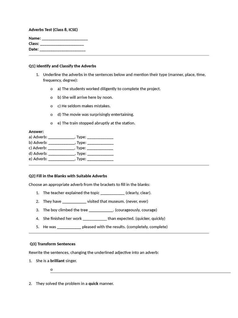 Worksheet illustrating adverbs for second-grade students