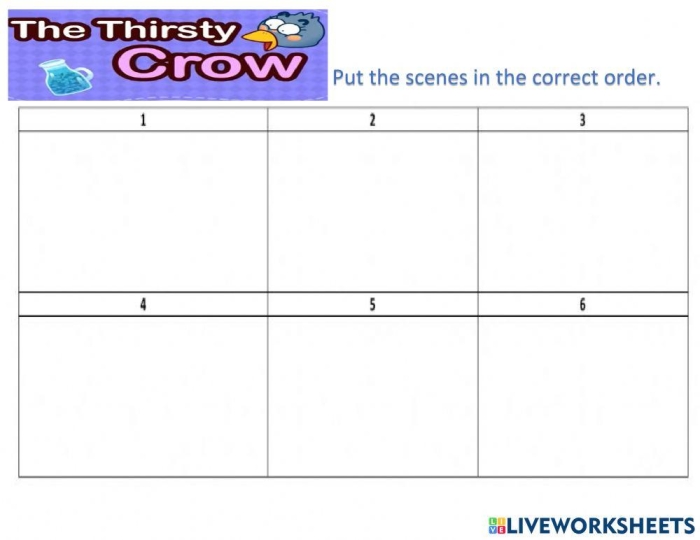 A colorful worksheet featuring The Crow and the Jug for second graders' algebra lesson