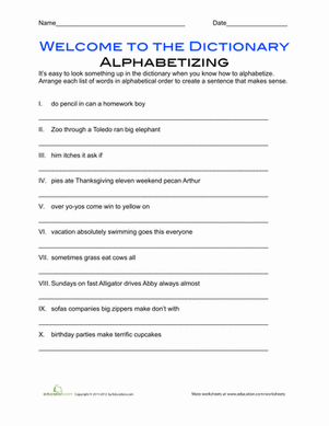 Engaging activity image for practicing alphabetizing skills with fun sentences Alphabetical Sentences worksheet for second graders featuring scrambled words to arrange into sentences