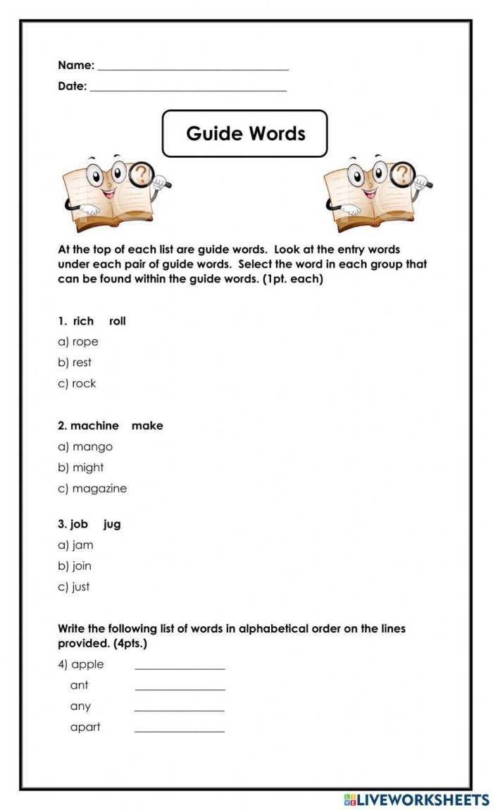 Second grade worksheet for practicing dictionary skills with guide words and alphabetical order