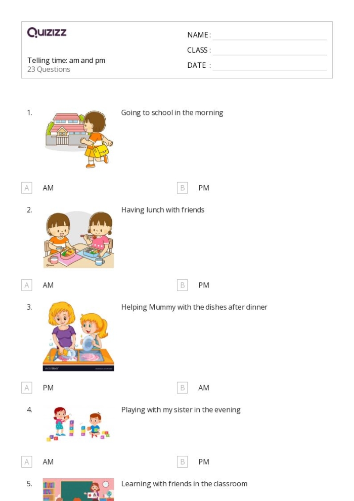 Second grade math worksheet showing analog clock faces with AM and PM time telling exercises for assessing student skills