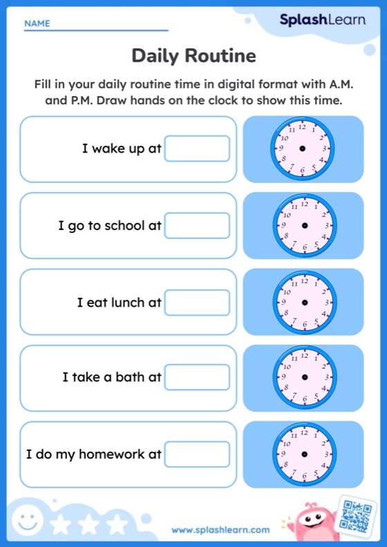 Second grade math worksheet showing analog clocks with AM and PM time telling exercises for assessing student proficiency in reading time to the nearest five minutes