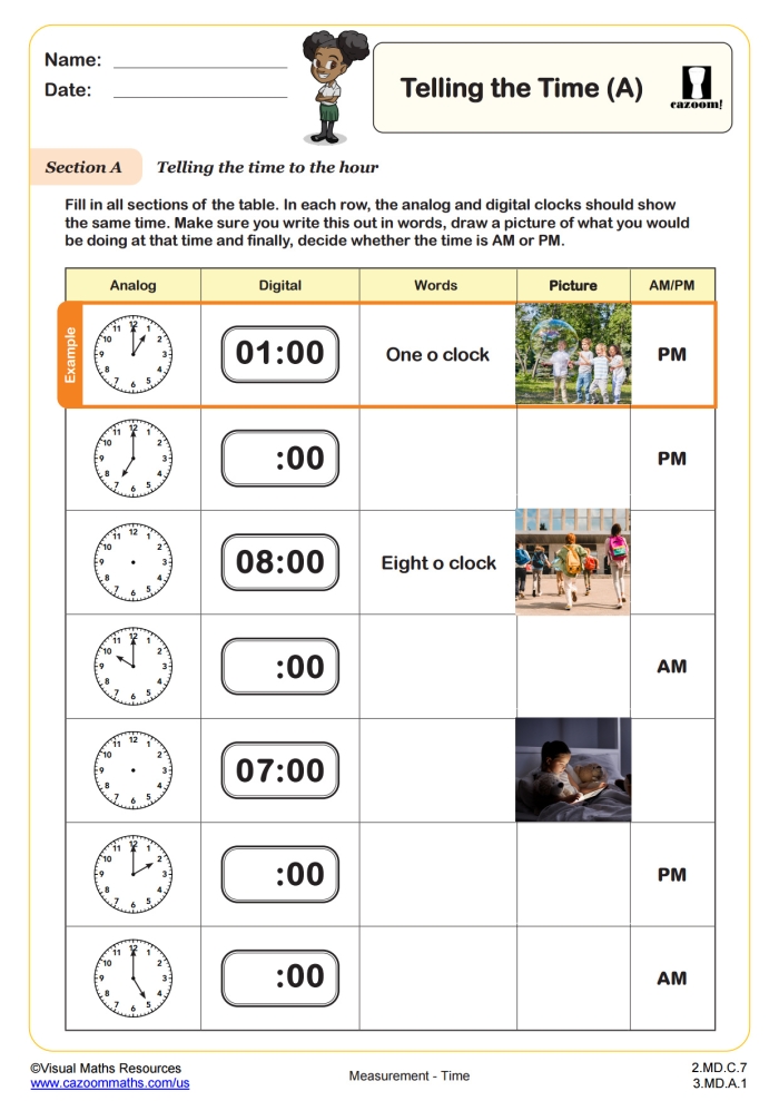 Second grade math worksheet showing analog clocks with AM and PM times for students to practice telling time to the nearest five minutes