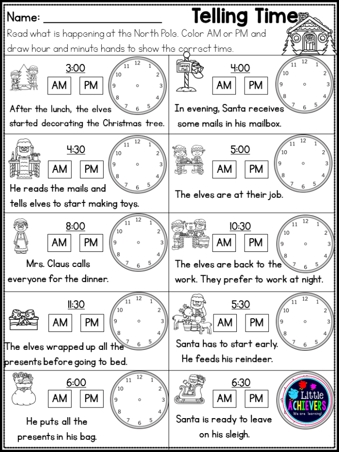 Second grade math worksheet for practicing telling time to the nearest five minutes including AM and PM