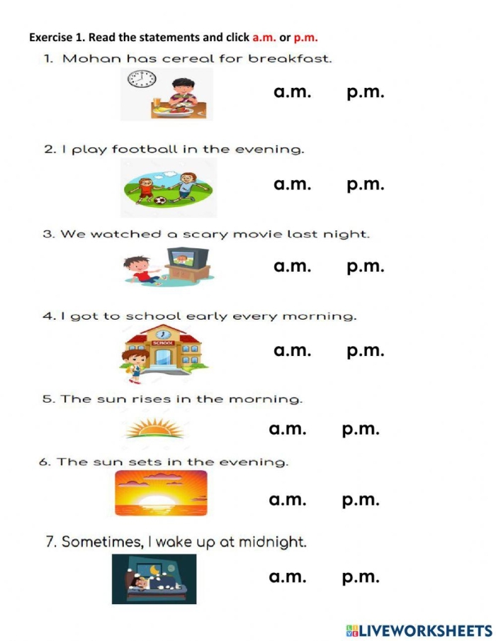 Telling Time: A.M. or P.M.? worksheet for second grade students in Arabic Worksheet for teaching children to distinguish between a.m. and p.m. events in Arabic for second graders