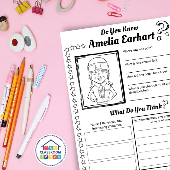 Amelia Earhart Biography Worksheet Number 22 for Grade 2 Math and Reading Second grade students reading a biography worksheet about Amelia Earhart aeronautics pioneer