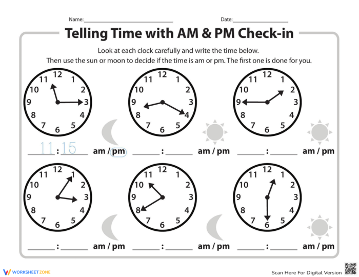 Second grade students practicing telling time on analog clocks with AM and PM labels on a double-sided worksheet assessment