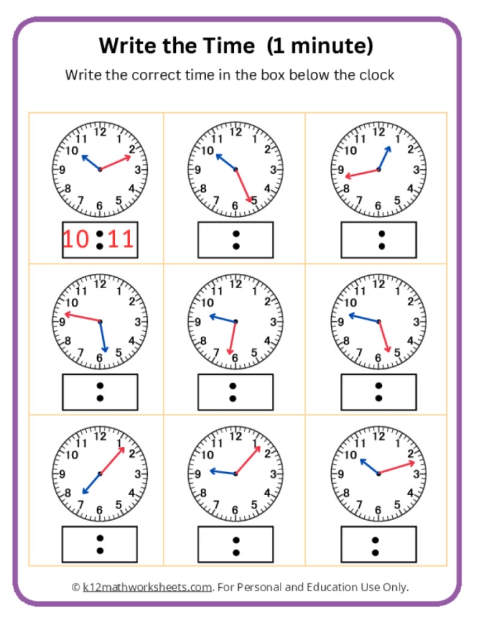 Second grade student practicing how to tell time on an analog clock worksheet 5
