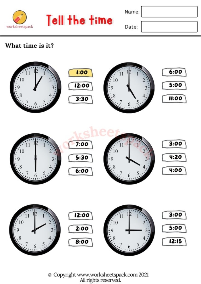 Second grade math worksheet featuring analog clocks for students to practice telling and writing the time
