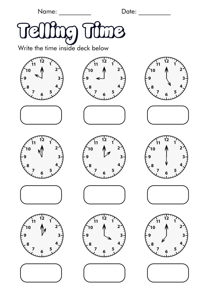 Second grade student working on a Clock Work Telling Time worksheet about analog clocks