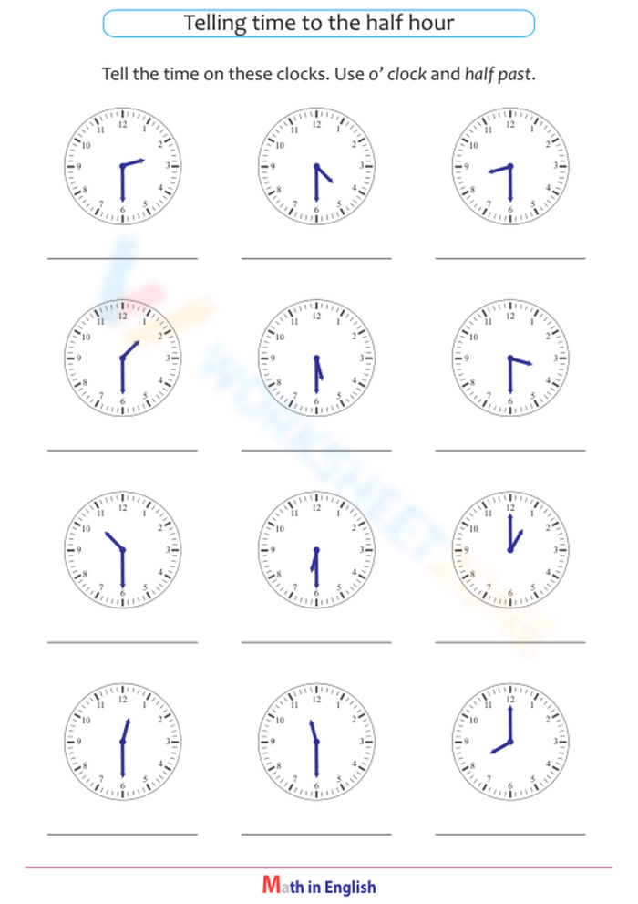 Telling Time On the Hour or Half Hour Worksheet Image 14 Second grade math worksheet showing analog clocks displaying times on the hour and half hour for students to practice telling time