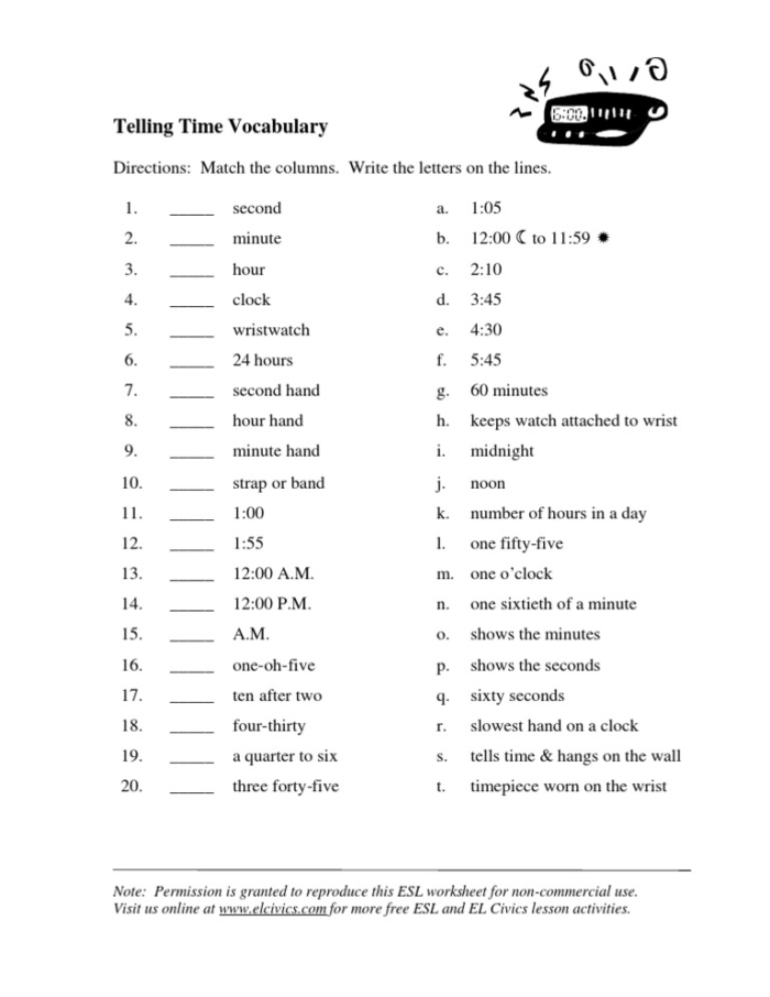 Second grade math worksheet featuring analog clocks for students to practice telling and writing the time