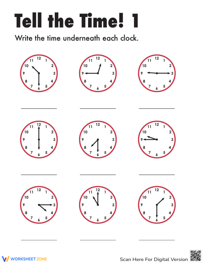 Analog clock worksheet for second graders to practice telling the time