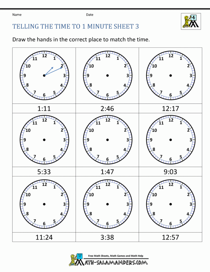 Second grade student practicing how to read an analog clock face on a math worksheet