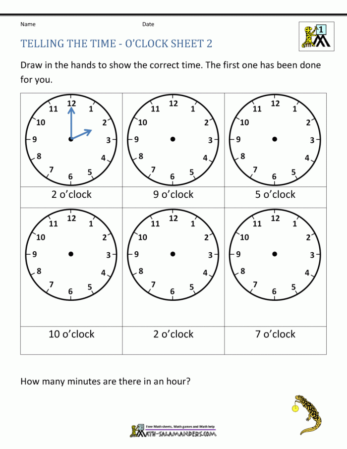 Second grade math worksheet featuring analog clocks for students to practice telling and writing the time