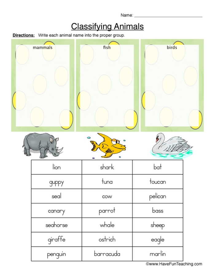 Classifying Animals worksheet for Second Grade