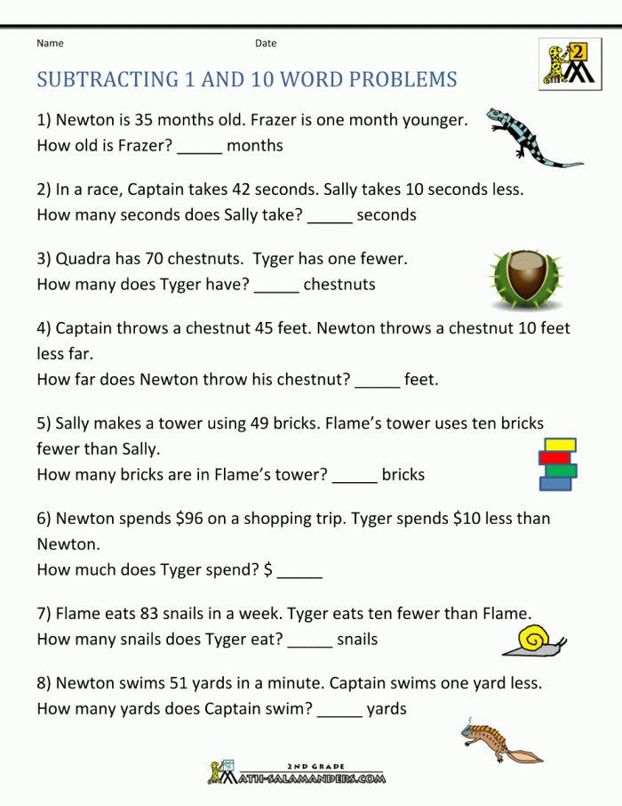 Two-digit subtraction worksheet featuring playful animals for second graders