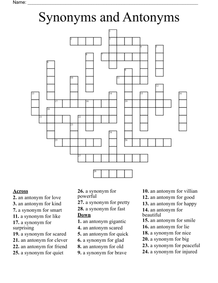 Second grade vocabulary worksheet featuring an antonym crossword puzzle activity