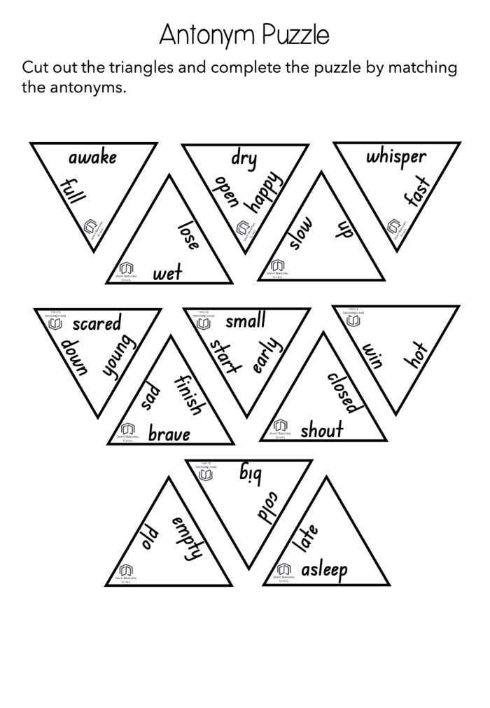 Second grade students learning vocabulary with an Antonym Crossword Puzzle worksheet