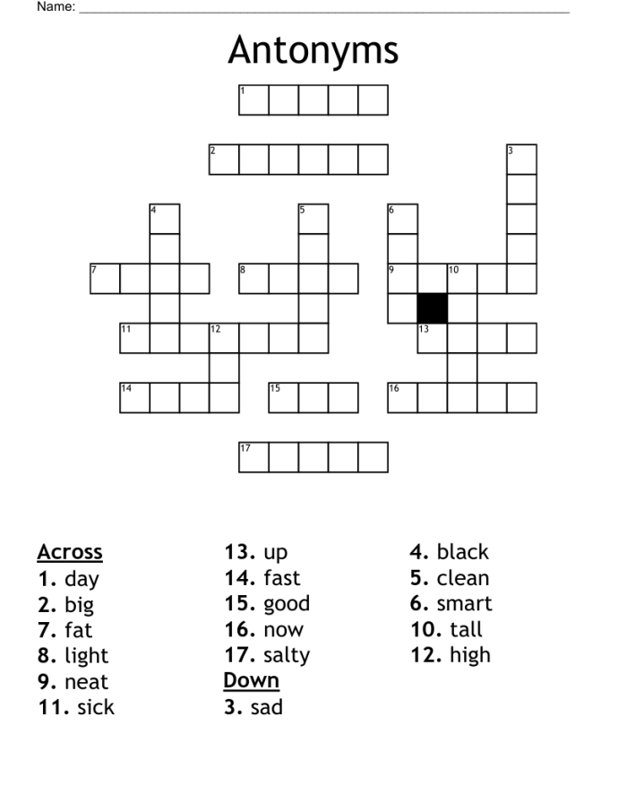 Second grade vocabulary student completing an antonym crossword puzzle worksheet