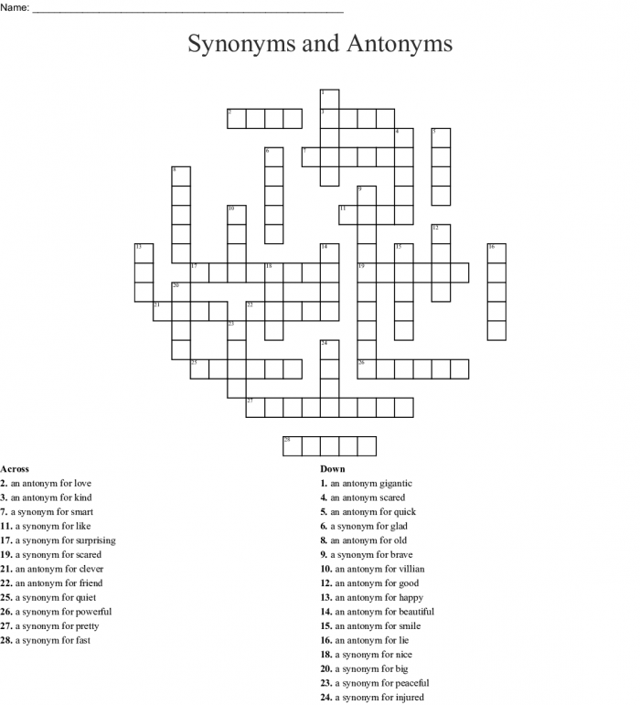 Second grade student completing an antonym crossword puzzle worksheet about opposite words