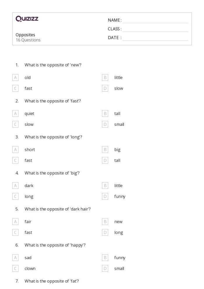 Antonyms Opposites Attract Algebra Worksheet 8 Second grade student completing an Antonyms Opposites Attract worksheet with multiple choice questions