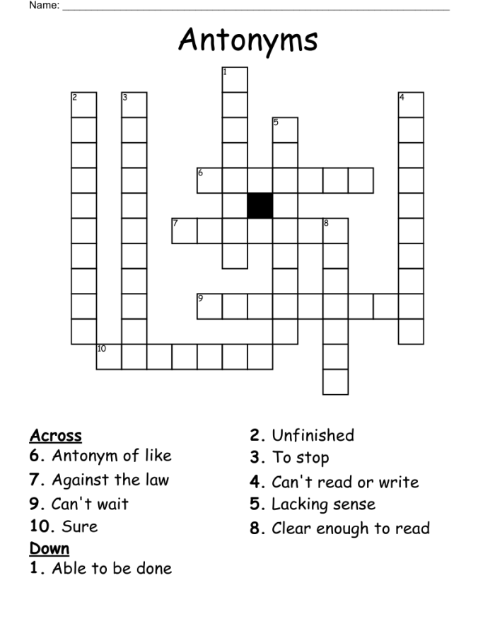 Antonym Crossword Puzzle worksheet for second graders featuring clues and opposite answers