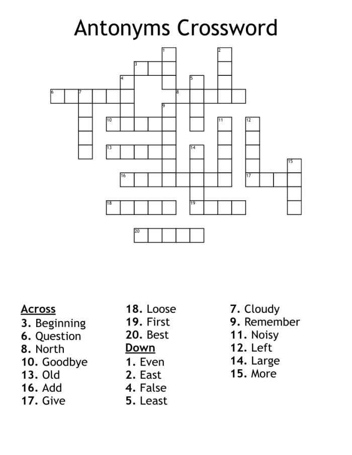 Antonym Crossword Puzzle worksheet for second graders featuring clues and opposite answers