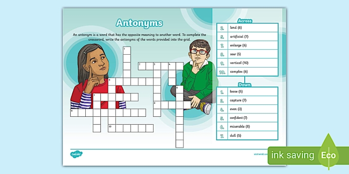Antonym crossword puzzle worksheet for second graders featuring clues and their opposite answers