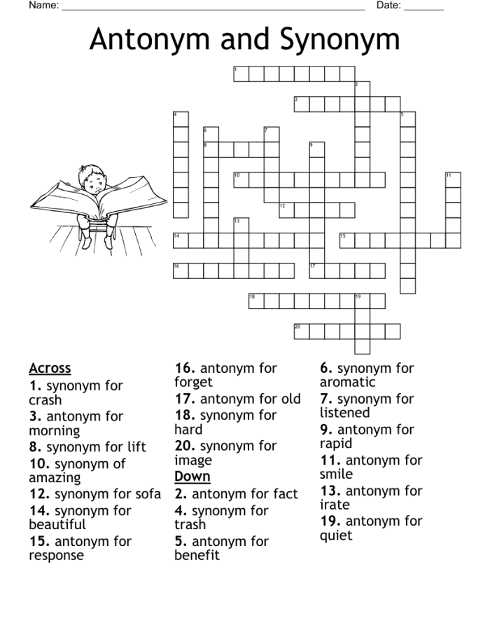 Antonym crossword puzzle worksheet for second graders featuring clues and their opposite answers