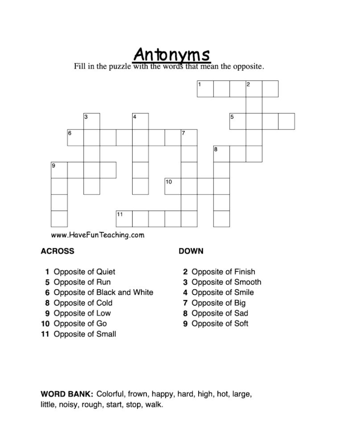 Antonym crossword puzzle worksheet for second graders featuring opposite words