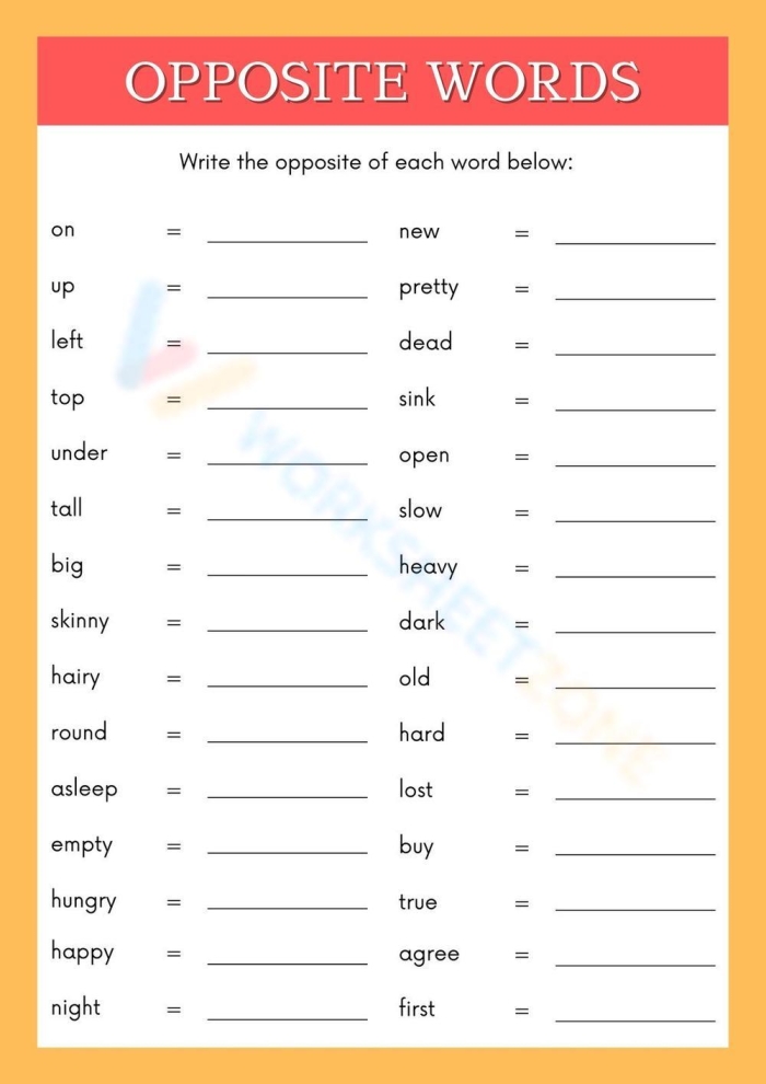 Antonyms Opposites Attract worksheet for second grade algebra lesson 25 Second grade student completing the Antonyms Opposites Attract worksheet by matching underlined words to their correct opposites