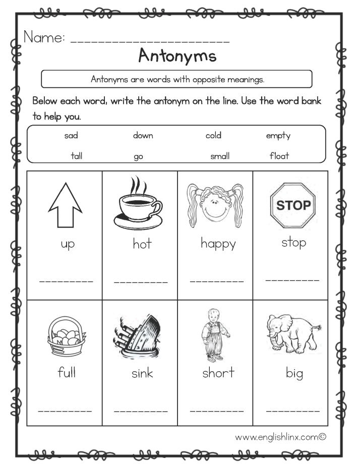 Antonyms Opposites Attract 2nd Grade Worksheet 7 Second grade student choosing the opposite word from a list on an Antonyms Opposites Attract algebra worksheet