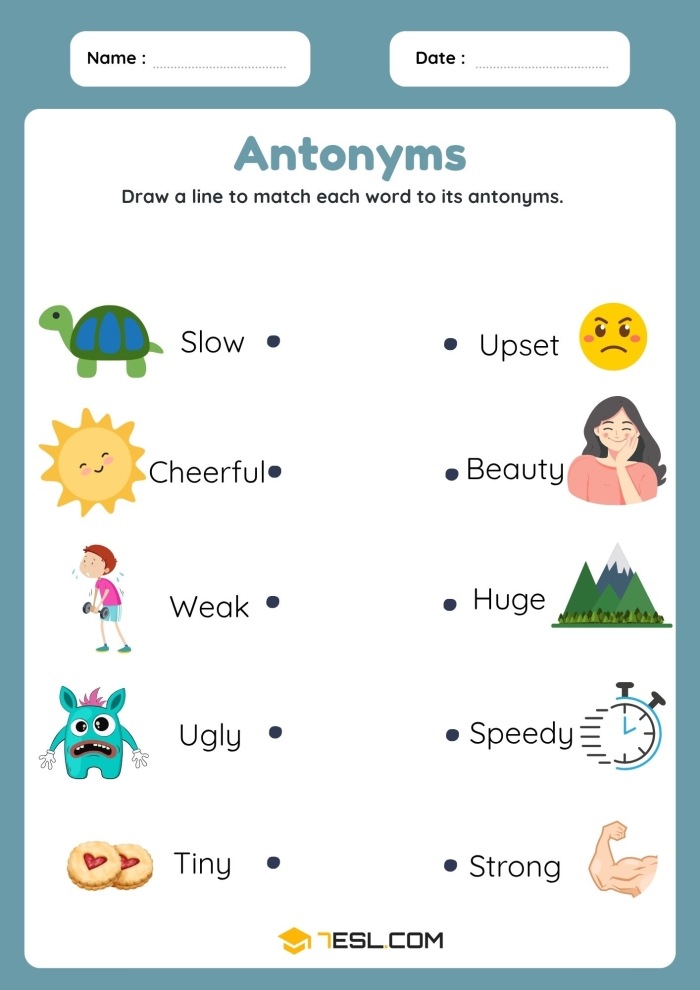 Antonyms Opposites Attract worksheet exercise 17 for elementary reading practice Second grade student completing antonyms worksheet by selecting opposite words from multiple choice options