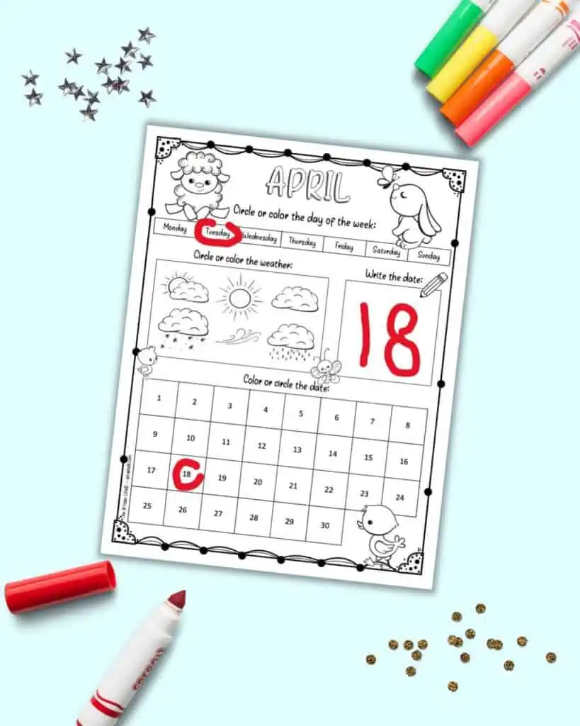 April Calendar Printable Worksheet for Second Grade Activity Five Second grade student working on an April calendar math and reading worksheet