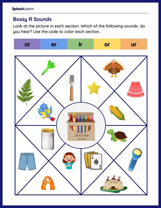 Second grade phonics worksheet featuring ar and or word blends with colorful illustrations and practice exercises for sound recognition