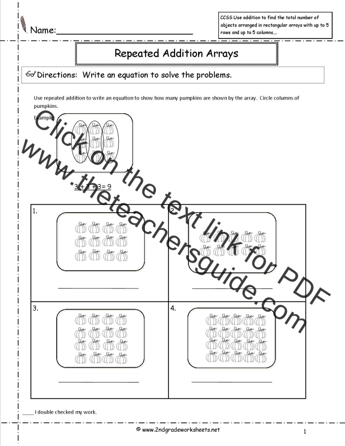Array Practice Worksheet 4 Multiplication Repeated Addition Exercises Second grade student using a repeated addition worksheet to solve multiplication array problems
